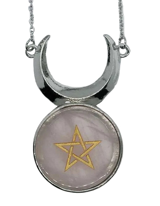 Necklace with a silver crescent moon and pentagram design pendant on a light gray background
