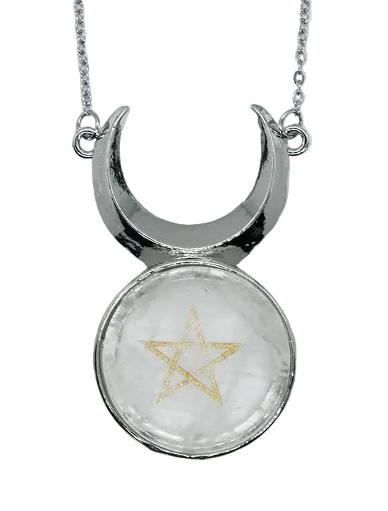 Silver necklace with a clear pendant featuring a gold star design on a white background